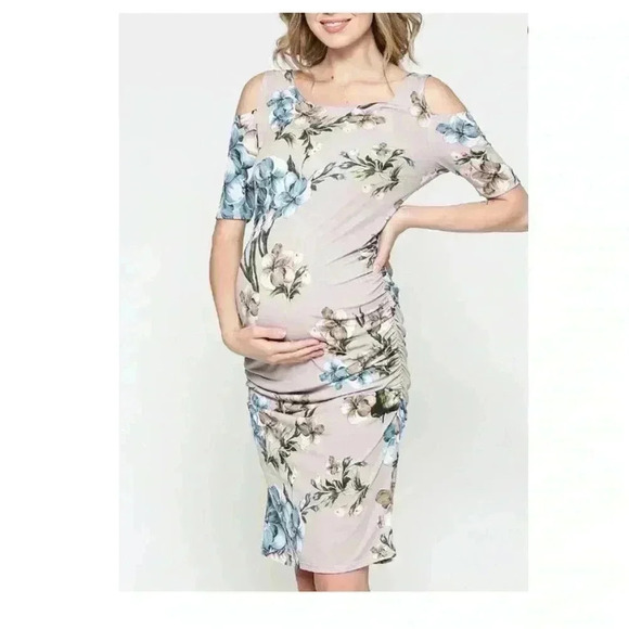 🆕 Hello Miz Maternity Gray & Blue Floral Cold-Shoulder Dress M🆕 - Picture 3 of 10